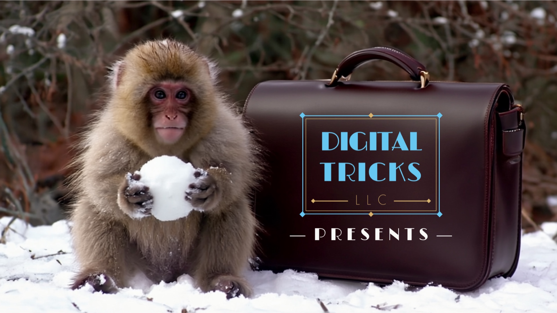 Digital Tricks LLC presents — a snow monkey holding a snowball beside a leather briefcase bearing the Digital Tricks LLC logo